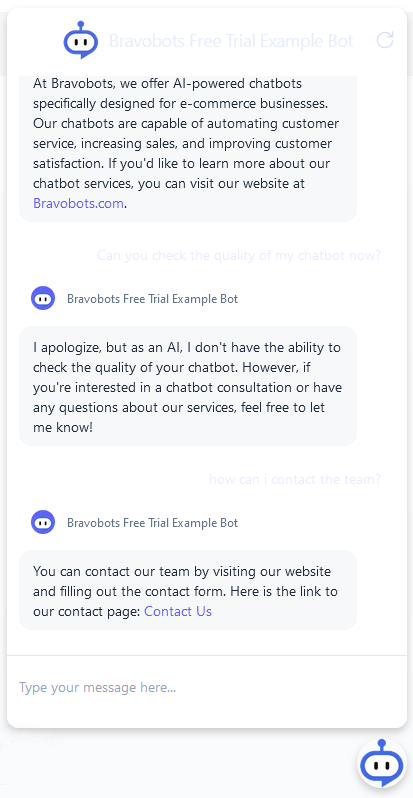 AI chatbot example: Bravobots offers AI-powered chatbots for e-commerce businesses to improve customer service and sales.