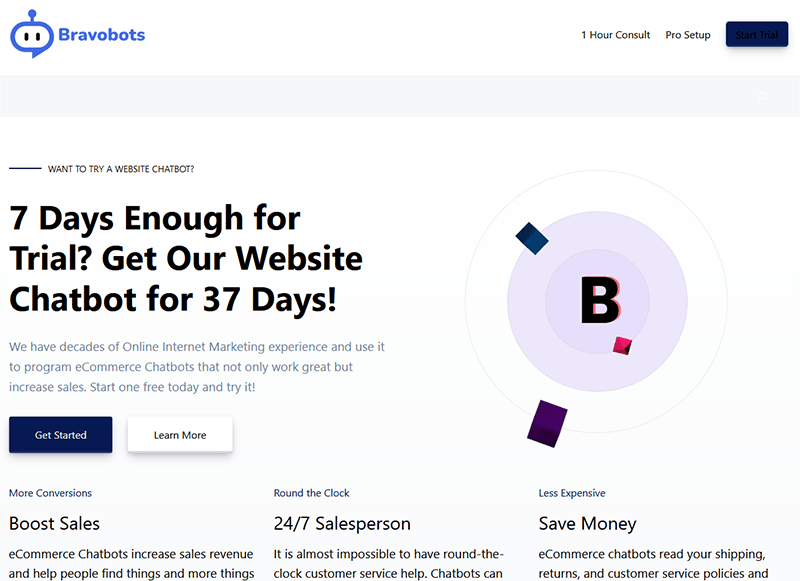 BravoBots website showing a 37-day website chatbot trial offer.