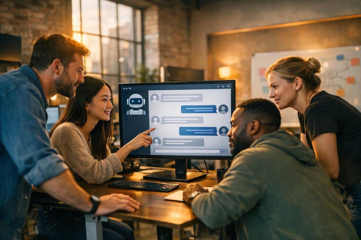 Development team collaborating on AI chatbot solutions at Bravobots headquarters