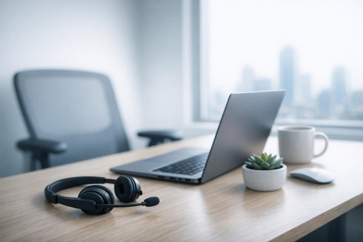 Clean support desk with headset and laptop ready for chatbot customer inquiries