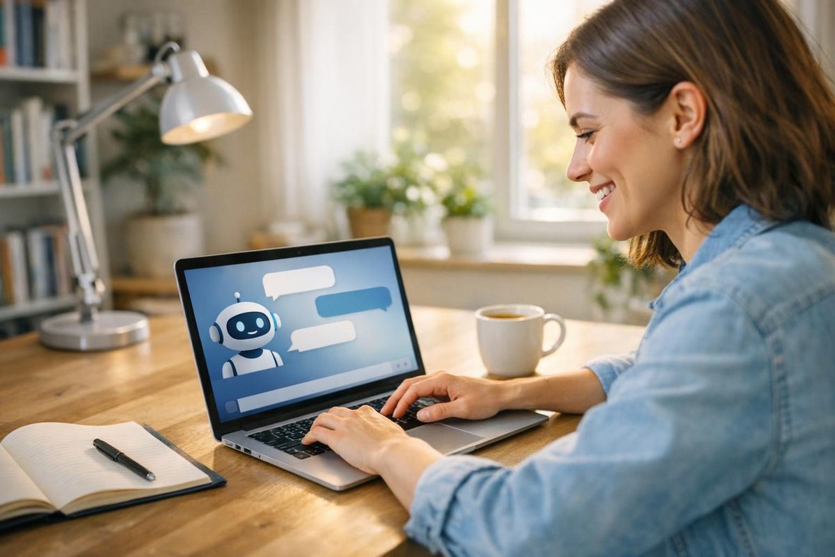 Person trying a chatbot free trial on a laptop in a bright home office