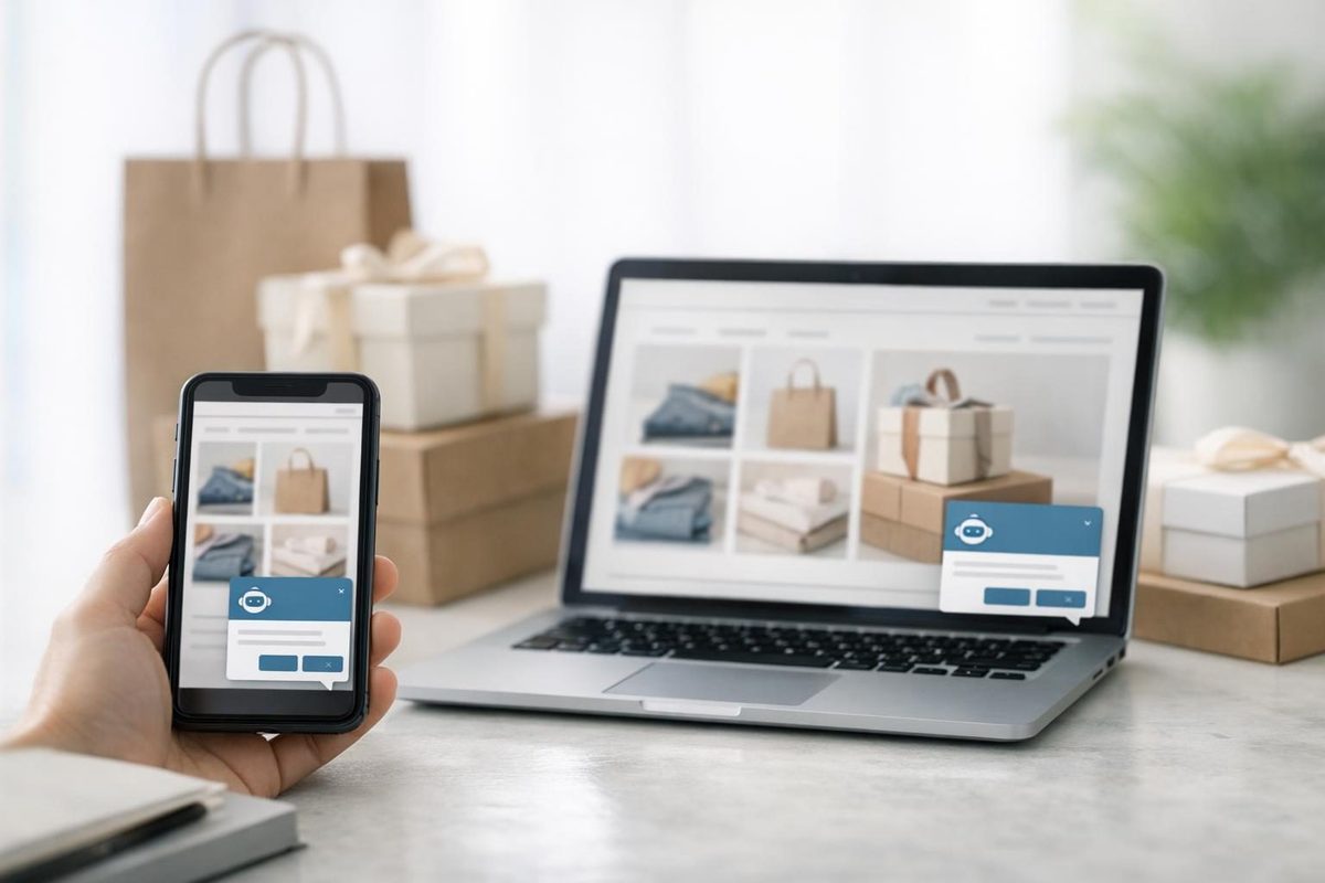Ecommerce AI chatbot widget displayed on a laptop and smartphone for online shopping support